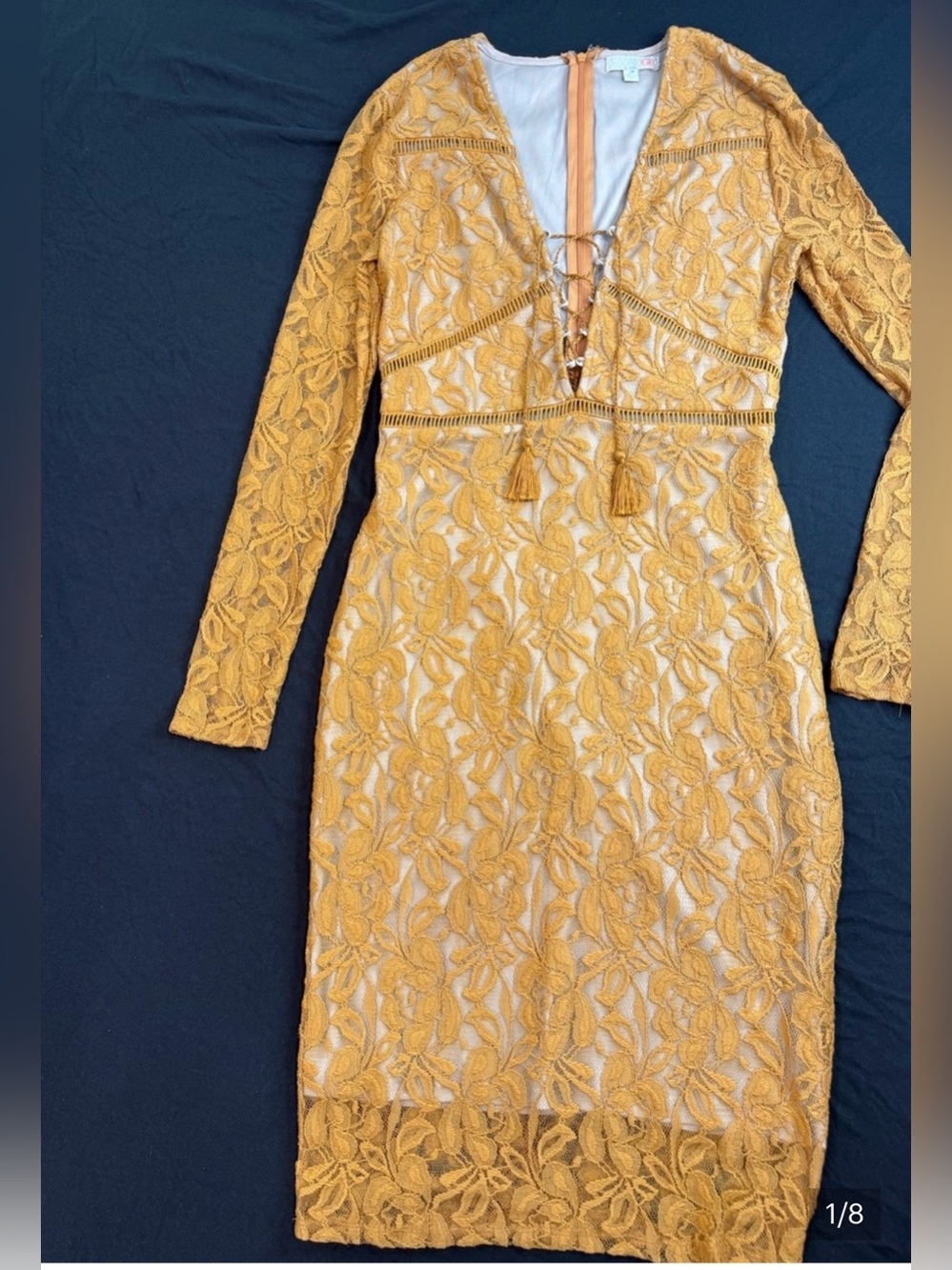Long-Sleeve Mustard Lace Midi Dress with Tassel Tie